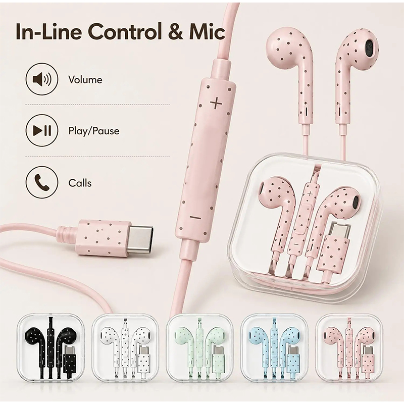 Usb C Earphone - Type C Kulaklık, Puantiyeli Yıldız Desenli,